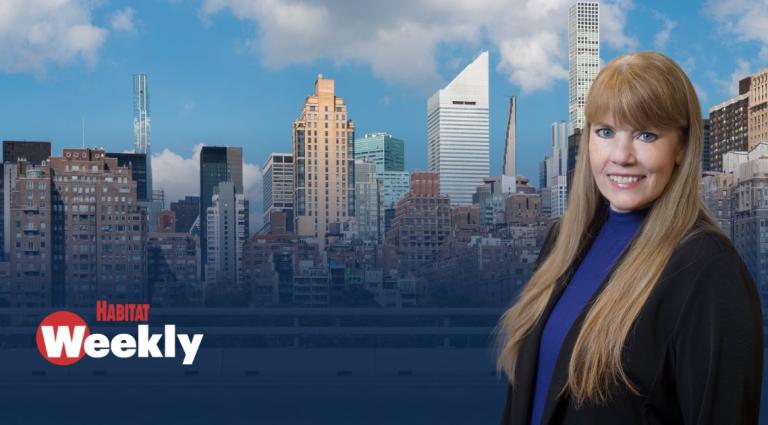 Michelle P. Quinn in the foreground of an image of a city skyline with the publication name Habitat Weekly in the bottom left corner 