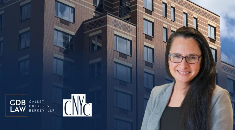 Headshot of Beth M. Gazes wearing glasses and a gray blazer, in the foreground of a brick apartment building. The logos for Gallet Dreyer & Berkey LLP and CNYC appear on the left.