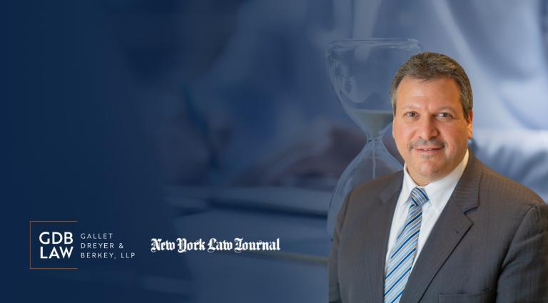 Headshot of Joseph Farca gainst a blurred blue-toned background with an hourglass. On the left, the text “GDB Law – Gallet Dreyer & Berkey, LLP” appears alongside the “New York Law Journal” logo.