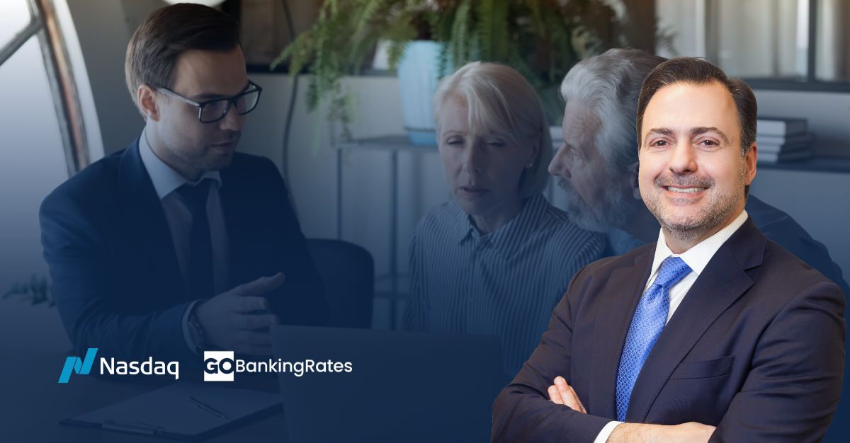 Asher Rubinstein in the foreground of an Image of an Elderly Couple talking to a lawyer as well as the publication names of Nasdaq and Go Banking Rates in the left bottom corner 