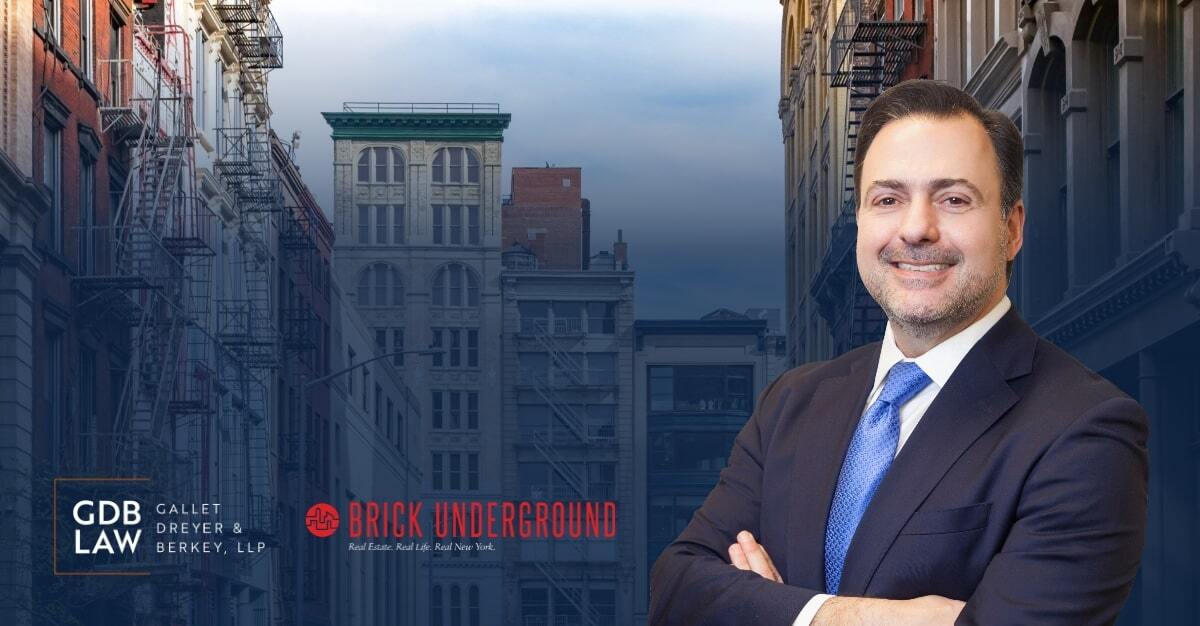 Headshot of Asher Rubinstein in the foreground, positioned next to the Brick Underground logo, with a backdrop of New York City apartment buildings.