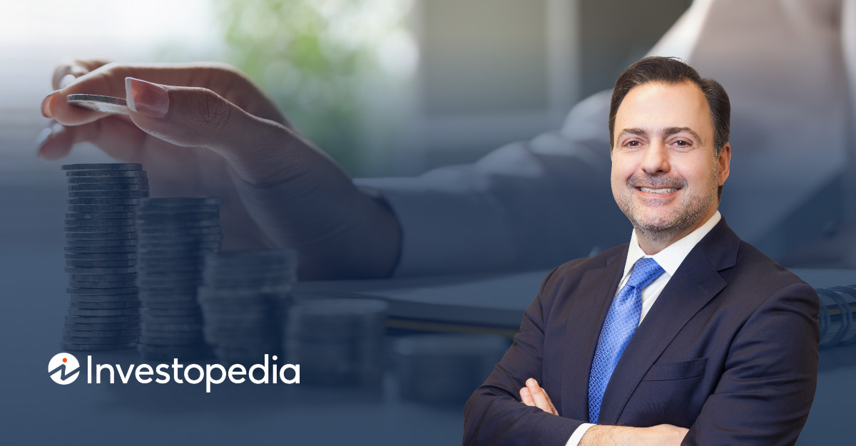 Asher Rubinstein in the right foreground of an image of a hand stacking coins in stacks of increasing height. The logo of Investopedia is in the bottom left hand corner.