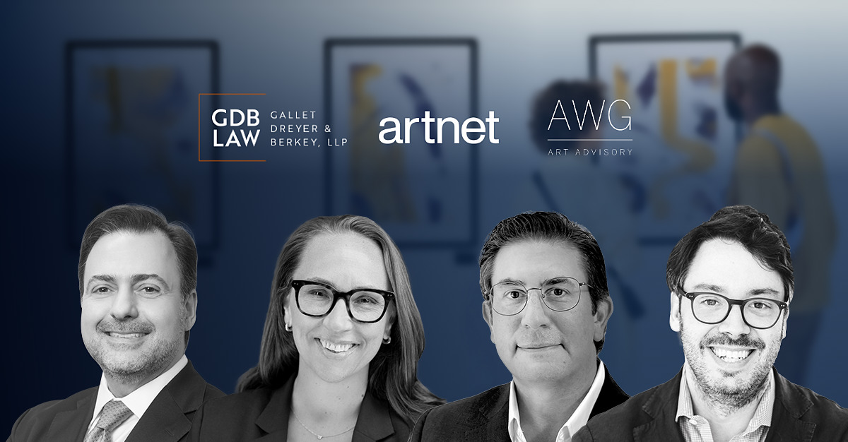 Headshots of Atty K. Bruggemann, Asher Rubinstein, Jason Rulnik, and Alex Glauber in the foreground of an image of an art museum.