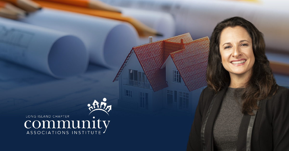 Headshot of Beth Garza in the foreground of an image of architectural blueprints and a miniature model house