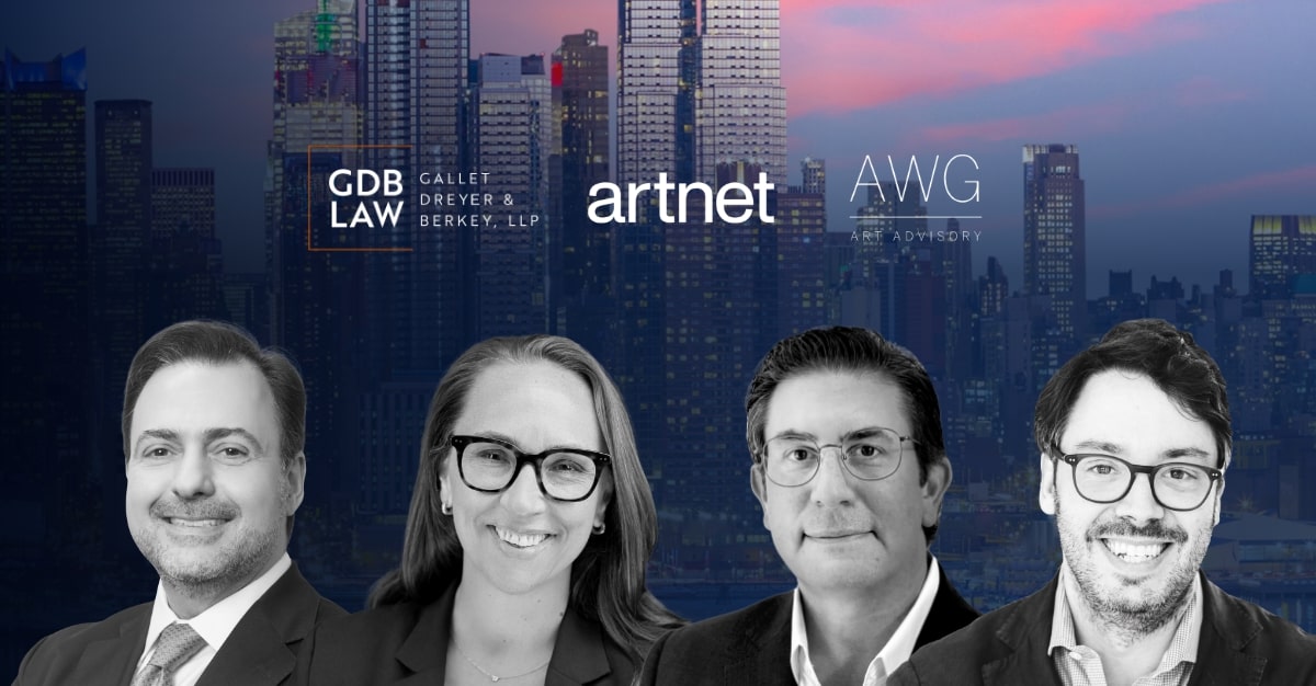 Headshots of Asher Rubinstein (GDB Law), Atty K. Bruggemann (GDB Law), Jason Rulnik (artnet), and Alex Glauber (AWG) overlaid on a cityscape background. Logos for Gallet Dreyer & Berkey LLP (GDB Law), Artnet, and AWG Art Advisory appear above them.
