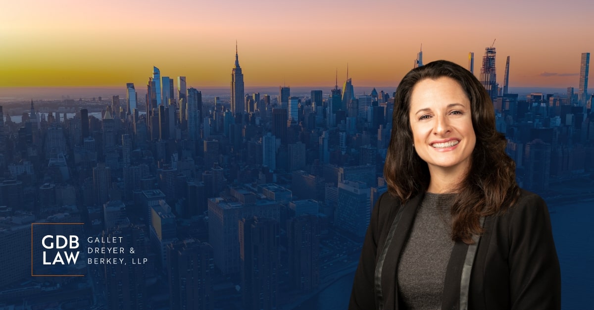 Beth M. Gazes headshot in the right foreground of the NYC skyline.