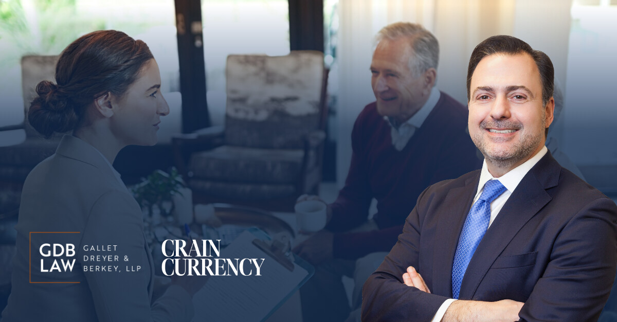 Asher Rubinstein in the foreground of a blurred background of a woman speaking with an older man in a living room setting. Logos for GDB Law and Crain Currency appear on the left.