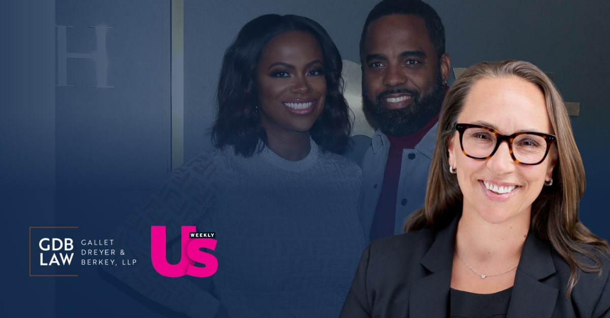 A promotional graphic for Us Weekly featuring a professional headshot of Attorney Bruggemann in the foreground. The background shows a faded, blue-tinted photo of Kandi Burruss and Todd Tucker, with the GDB Law firm logo in the bottom left corner.