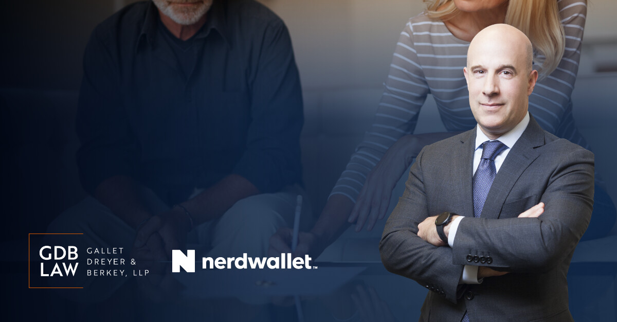 Ken Glasser headshot in foreground of a image of a couple signing a document.