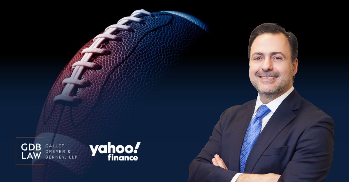 Asher's headshot in the foreground of an image of a football fading into a blue background with the GDB and Yahoo Finance logos in the bottom left corner.