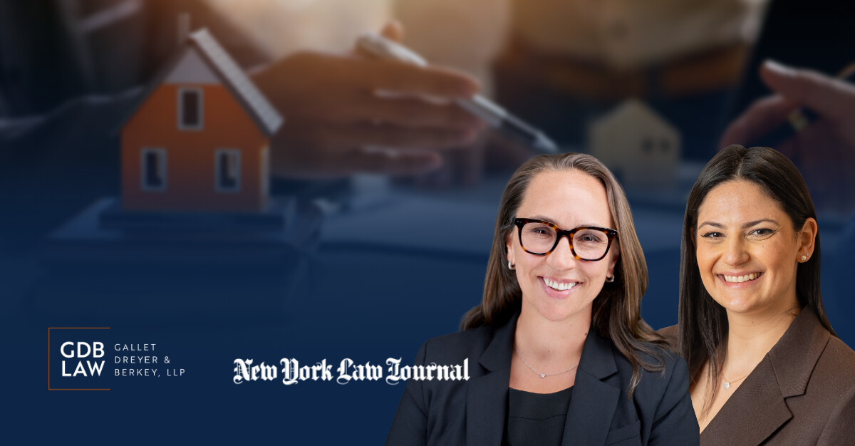 Promotional graphic featuring Atty Bruggemann (left) and Sydney Goldstein (right) smiling, with a blurred background of a model house being exchanged and logos for GDB Law and the New York Law Journal.