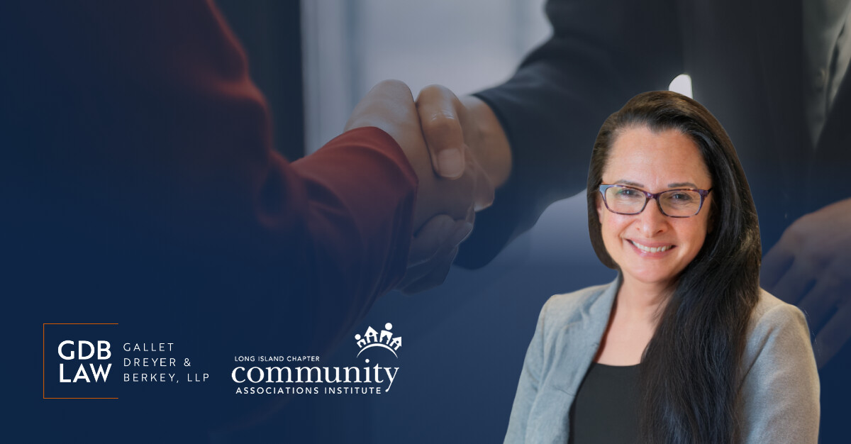 Promotional graphic featuring Beth Gazes smiling, with a blurred background of a handshake and logos for GDB Law and the Community Associations Institute.
