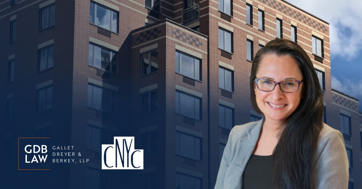 Headshot of Beth M. Gazes wearing glasses and a gray blazer, in the foreground of a brick apartment building. The logos for Gallet Dreyer & Berkey LLP and CNYC appear on the left.