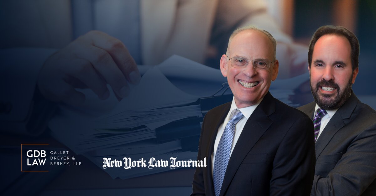 Headshots of Perry L. Mintz (left) and Scott M. Smiler (right) in front of a background image of a stack of papers with the GDB and NYLJ logos on the bottom left corner 