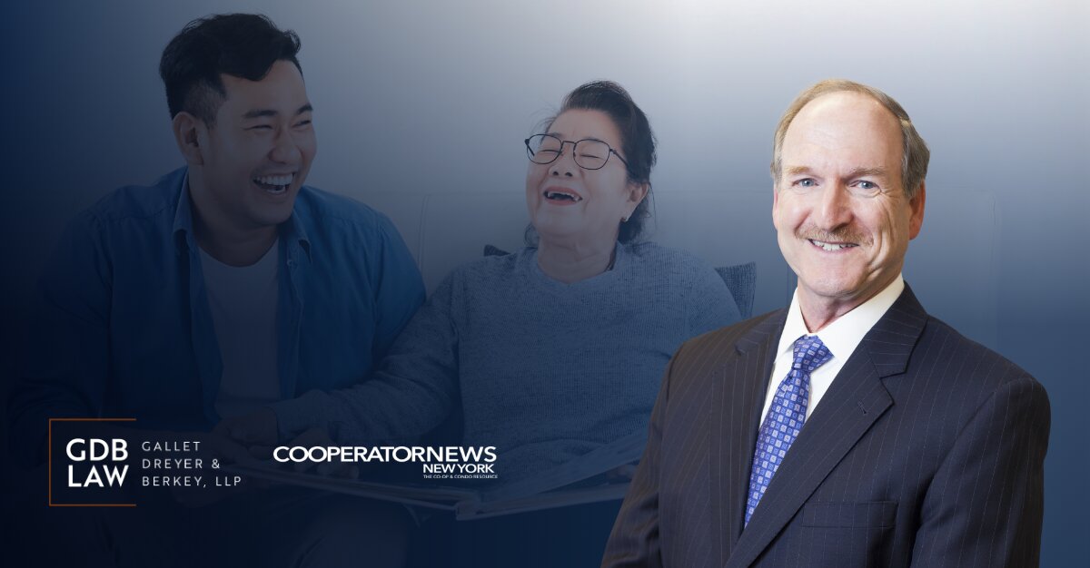 Headshot of David Berkey against a blue-toned background featuring two people laughing on a couch, with the GDB Law (Gallet Dreyer & Berkey, LLP) logo and The Cooperator News New York logo displayed on the bottom left hand corner.
