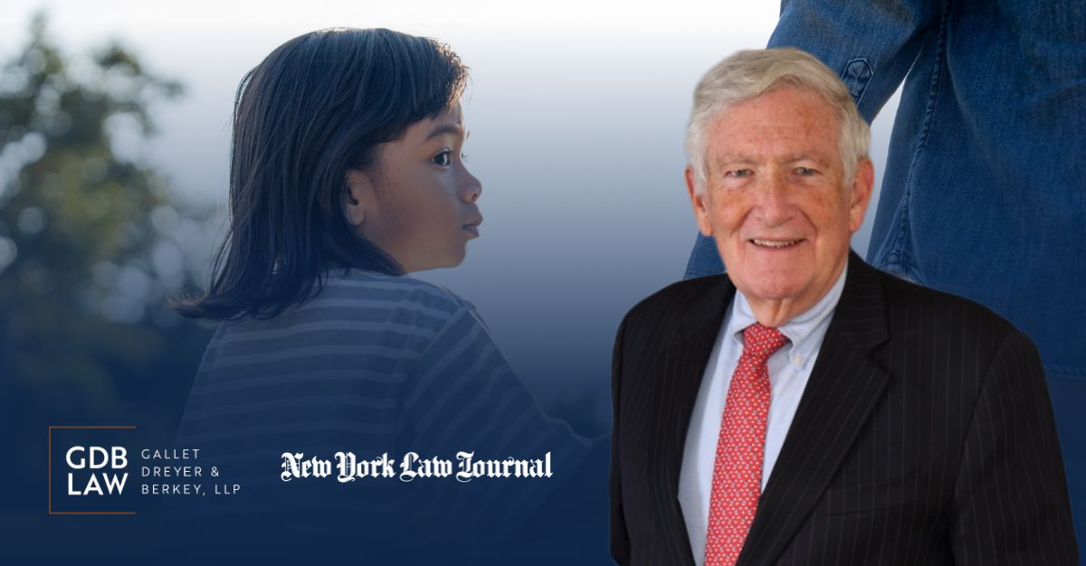 Headshot of David Faust in the foreground of an image of a young child looking sideways, with Gallet Dreyer & Berkey LLP and New York Law Journal branding on the bottom. 