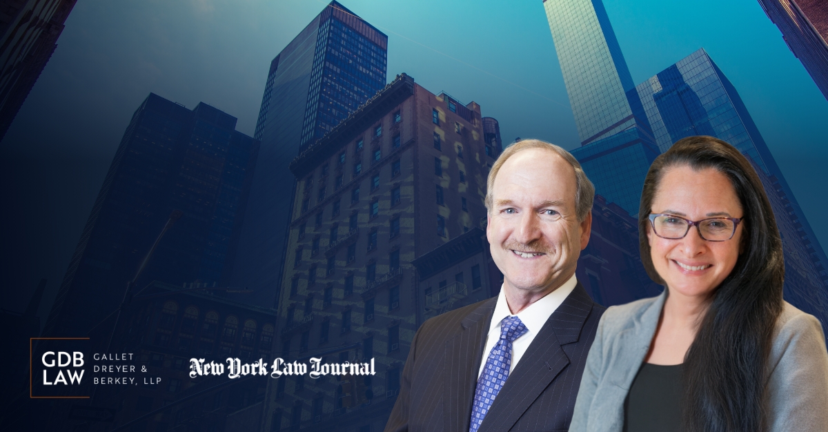 Headshots of Beth Gazes (right) and David Berkey (left) against a blue-toned New York City skyline background with tall office buildings. The GDB Law and New York Law Journal logos appear in the lower left corner.