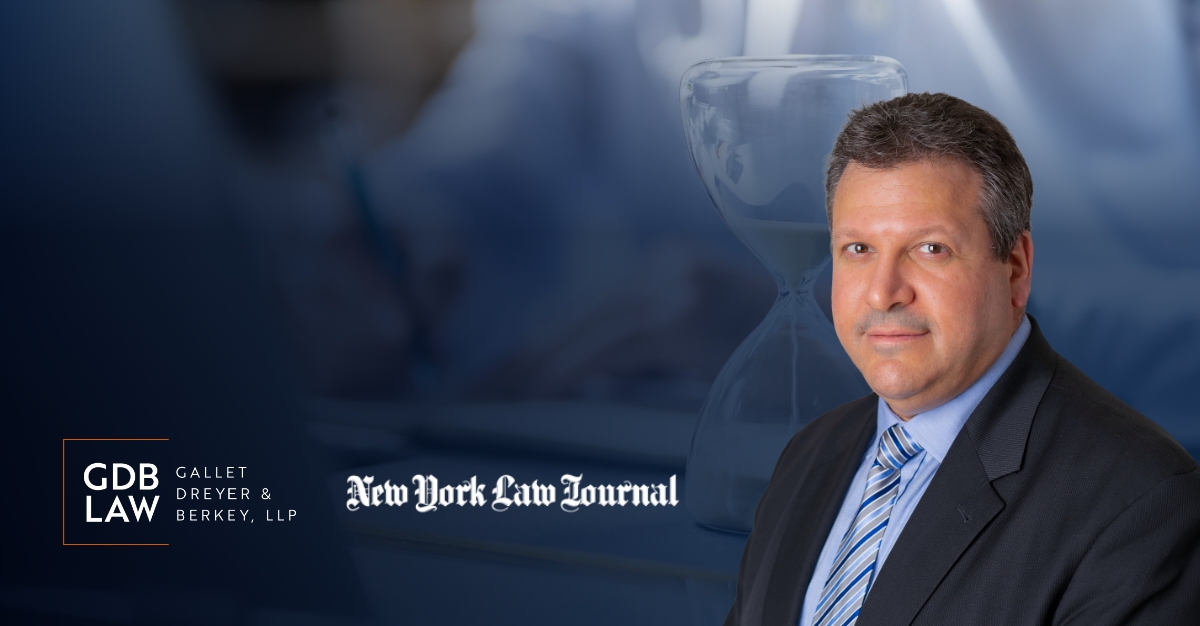 Headshot of Joseph Farca gainst a blurred blue-toned background with an hourglass. On the left, the text “GDB Law – Gallet Dreyer & Berkey, LLP” appears alongside the “New York Law Journal” logo.