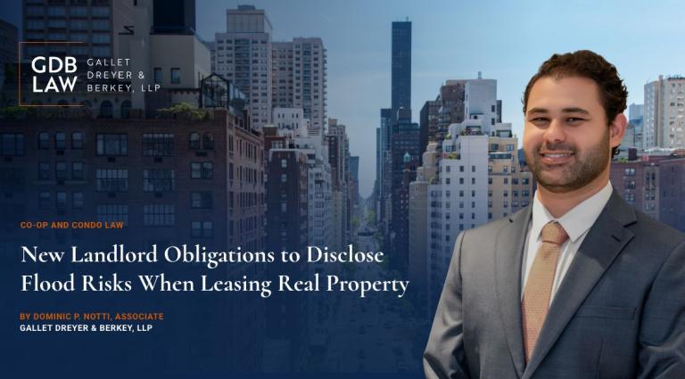 Dominic P. Notti in front of New York City skyline; new landlord obligations to disclose flood risks when leasing real property