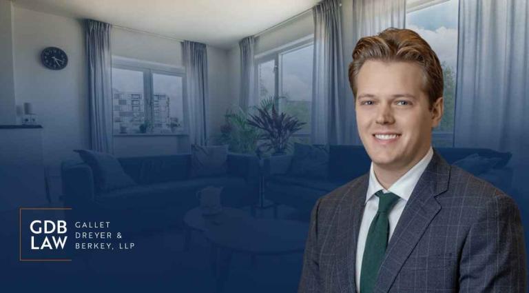 Headshot of Maximilian T. Ferlesch in the right foreground of an image of an apartment living room with the GDB logo in the bottom left corner