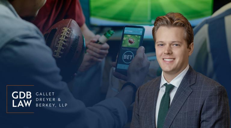Headshot of Maximilian T. Ferlesch, attorney at Gallet Dreyer & Berkey LLP, overlaid on an image of people holding a football and placing bets on a mobile sports betting app, with the GDB Law logo in the bottom left corner.