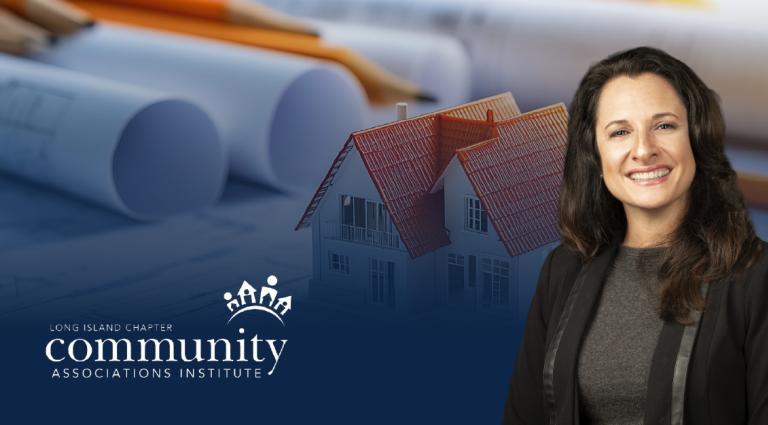 Headshot of Beth Garza in the foreground of an image of architectural blueprints and a miniature model house