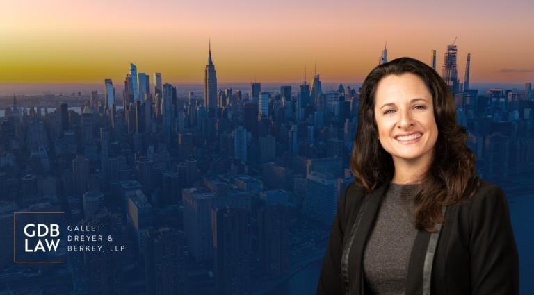 Beth M. Gazes headshot in the right foreground of the NYC skyline.