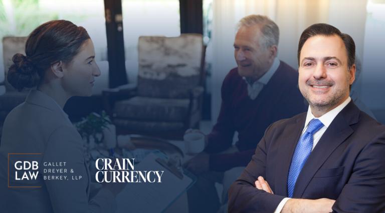 Asher Rubinstein in the foreground of a blurred background of a woman speaking with an older man in a living room setting. Logos for GDB Law and Crain Currency appear on the left.