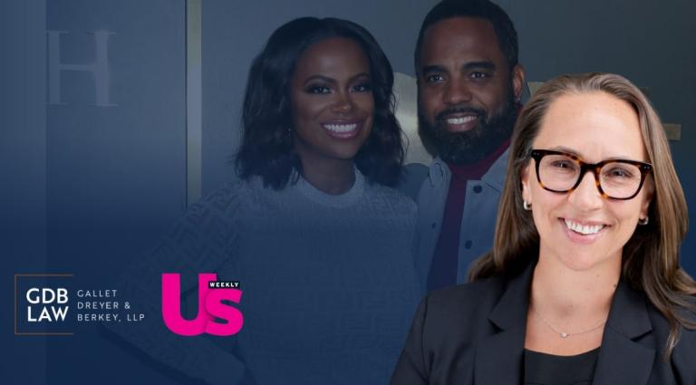 A promotional graphic for Us Weekly featuring a professional headshot of Attorney Bruggemann in the foreground. The background shows a faded, blue-tinted photo of Kandi Burruss and Todd Tucker, with the GDB Law firm logo in the bottom left corner.