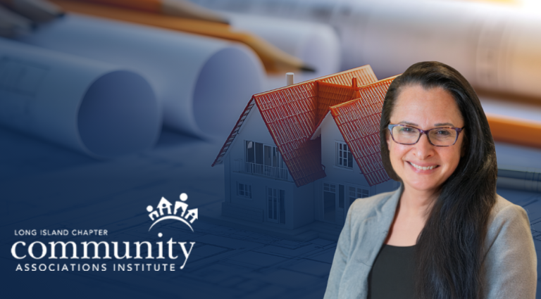 Headshot of Beth Garza in the foreground of an image of architectural blueprints and a miniature model house