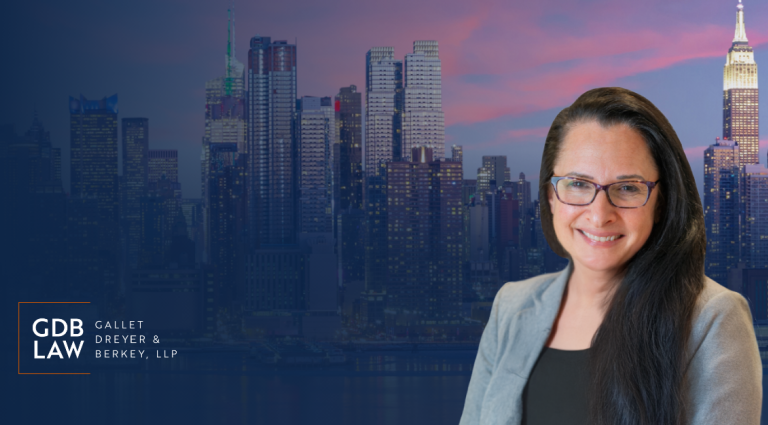 A graphic of Beth in front of the NY city skyline