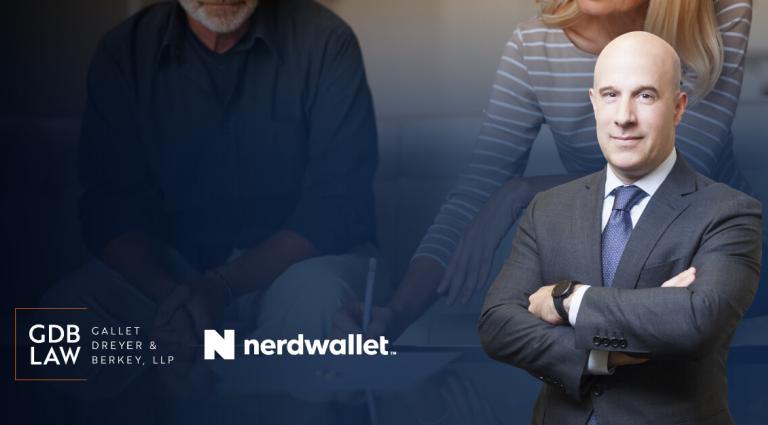 Ken Glasser headshot in foreground of a image of a couple signing a document.