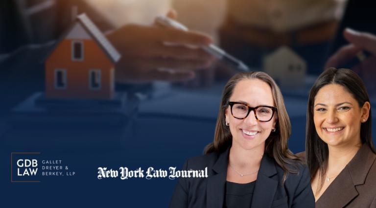 Promotional graphic featuring Atty Bruggemann (left) and Sydney Goldstein (right) smiling, with a blurred background of a model house being exchanged and logos for GDB Law and the New York Law Journal.
