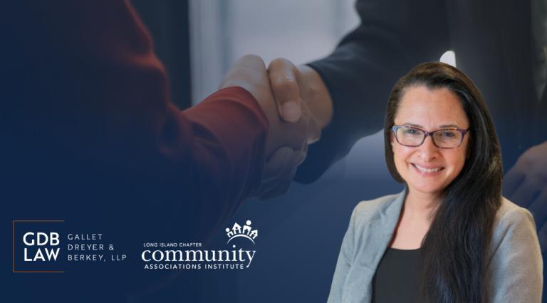 Promotional graphic featuring Beth Gazes smiling, with a blurred background of a handshake and logos for GDB Law and the Community Associations Institute.