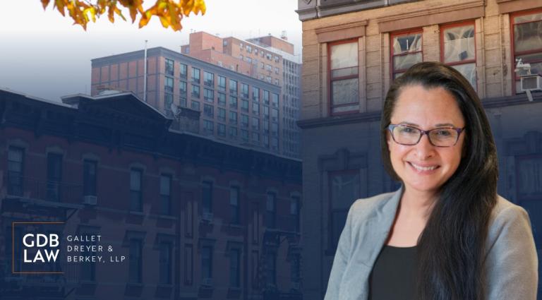 Beth M. Gazes headshot in the right foreground of condominiums with the GDB logo in the bottom left corner.
