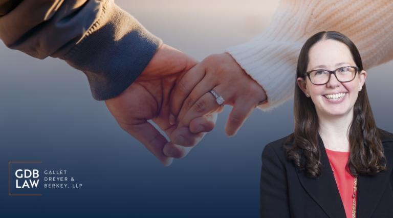 Headshot of Sarah R. Gersowitz in the right foreground of a blue-toned background featuring a close-up of a couple holding hands with an engagement ring visible, alongside the GDB Law (Gallet Dreyer & Berkey, LLP) logo.