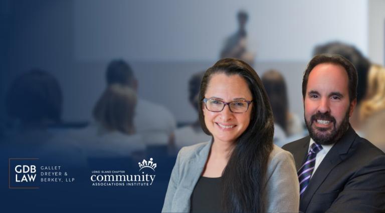 Headshots of Beth Gazes (left) and Scott Smiler (right) in front of a background of a seminar meeting with the GDB and CAI logos on the bottom left