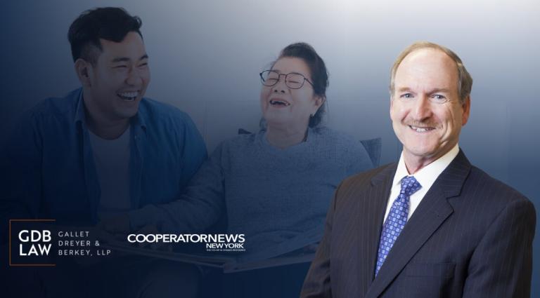 Headshot of David Berkey against a blue-toned background featuring two people laughing on a couch, with the GDB Law (Gallet Dreyer & Berkey, LLP) logo and The Cooperator News New York logo displayed on the bottom left hand corner.
