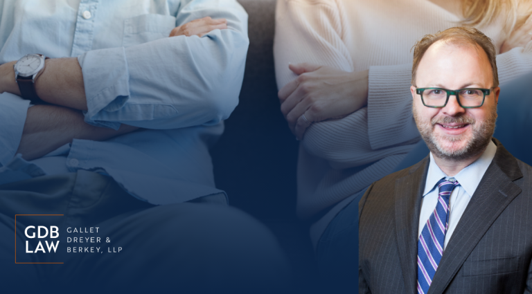 Headshot of Allen A. Drexel with a background showing a blurred image of a couple sitting apart with crossed arms, suggesting conflict. On the left, a blue overlay includes the GDB Law (Gallet Dreyer & Berkey, LLP) logo.
