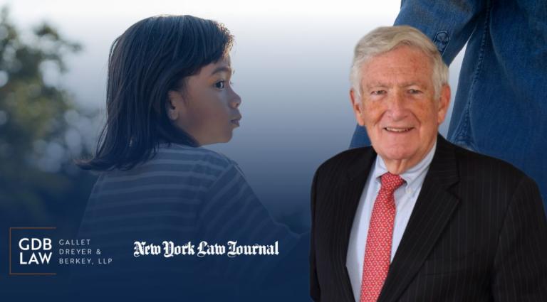 Headshot of David Faust in the foreground of an image of a young child looking sideways, with Gallet Dreyer & Berkey LLP and New York Law Journal branding on the bottom. 