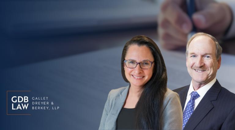 Headshots of Beth Gazes who is wearing glasses, a black top and a grey blazer. To the right is a headshot of David Berkey smiling in a nice navy blue suit and tie 