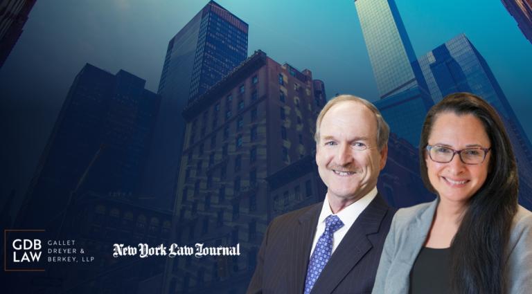 Headshots of Beth Gazes (right) and David Berkey (left) against a blue-toned New York City skyline background with tall office buildings. The GDB Law and New York Law Journal logos appear in the lower left corner.