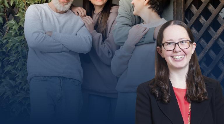Sarah R. Gersowitz wearing glasses, a black blazer, and a coral blouse, smiling at the camera. Behind her is a softly blurred image of a multigenerational family gathered together outdoors, including an older man and two younger family members. The image conveys themes of family relationships, sibling rights, and family law.