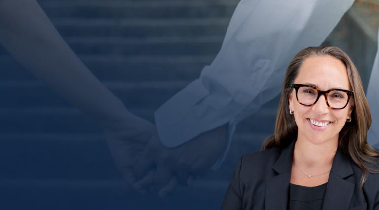 Headshot of Atty K. Bruggemann on a background images of two people holding hands