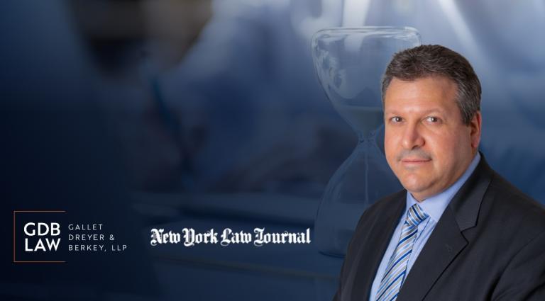 Headshot of Joseph Farca gainst a blurred blue-toned background with an hourglass. On the left, the text “GDB Law – Gallet Dreyer & Berkey, LLP” appears alongside the “New York Law Journal” logo.
