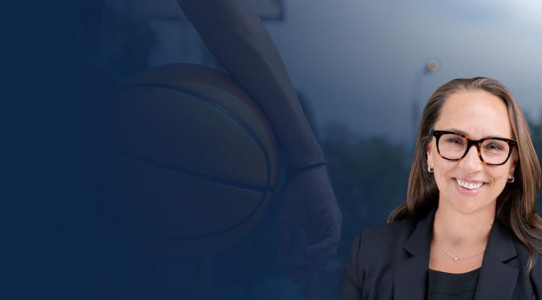 Headshot of Atty K. Bruggemann in the right foreground of a blue-tined background featuring a close-up of someone holding a basketball.